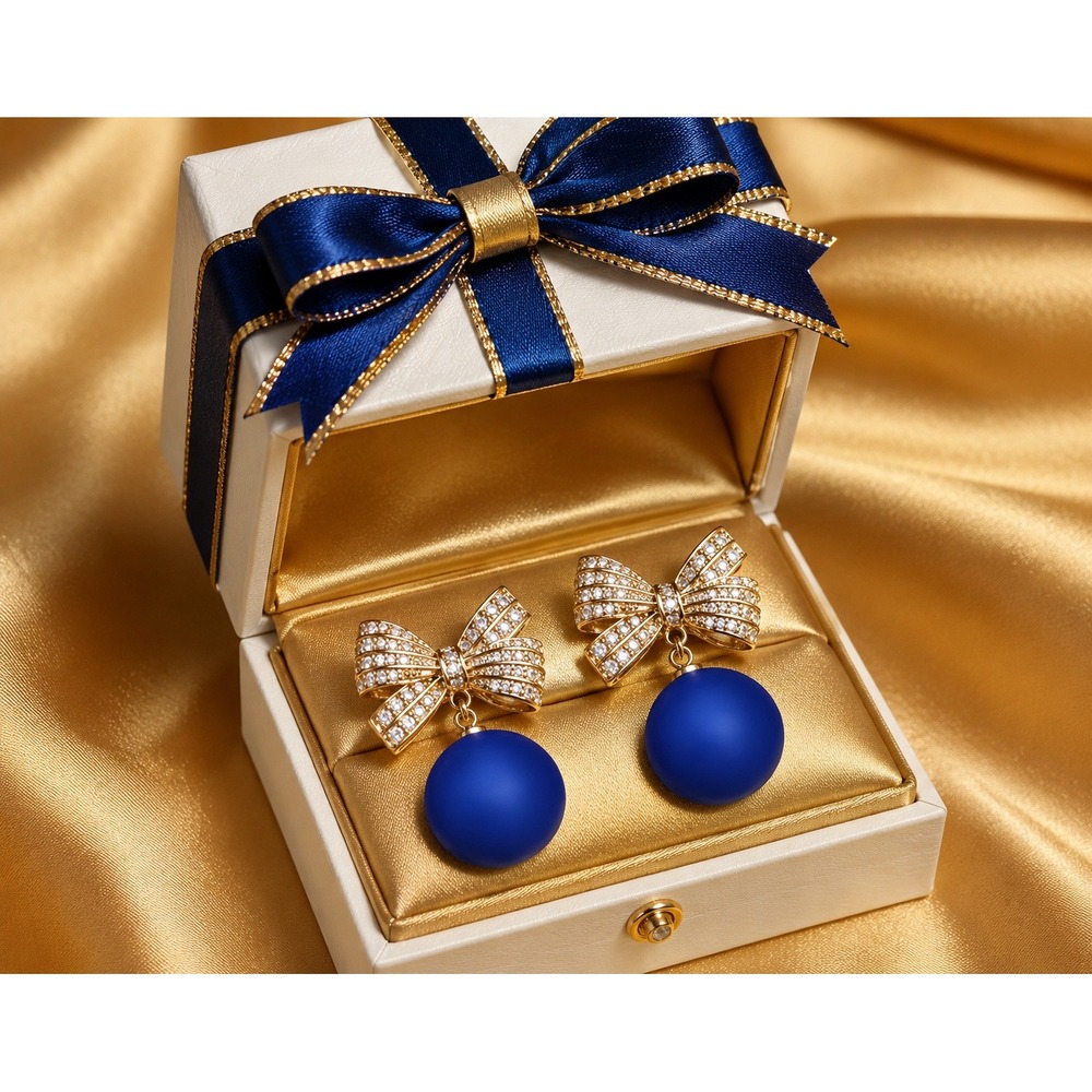 Gold Tone Crystal Pave Bow Cobalt Blue Matte Sphere Drop Earrings Gift Boxed